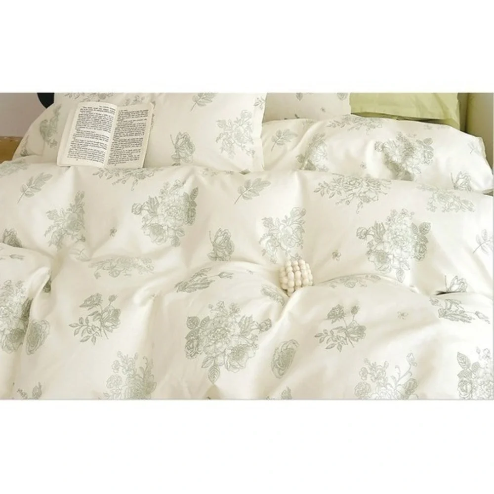Janet Light Green/White‎ Floral 100% Cotton Duvet Cover Set Full Queen
